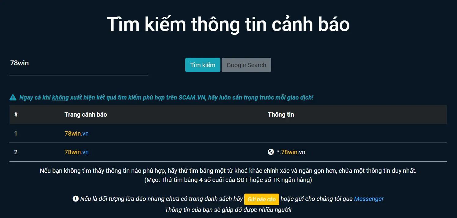 Tìm kiếm thông tin nhà cái 78win trên website scam.vn